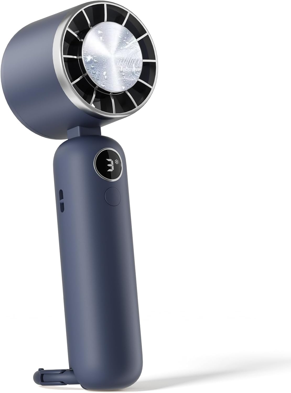 冷却プレート付き携帯扇風機 5000mAh大容量電池 3段階風量調節 LEDディスプレイ 手持ち首掛け卓上兼用 カラビナ付き ネイビー