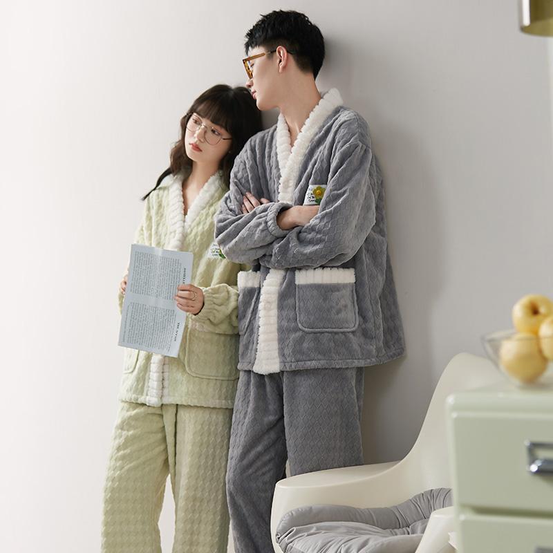 ルームウェア レディース パジャマ 部屋着 ユニセックス ガーリー 秋冬 長袖 Vネック カーディガン グリーン グレー