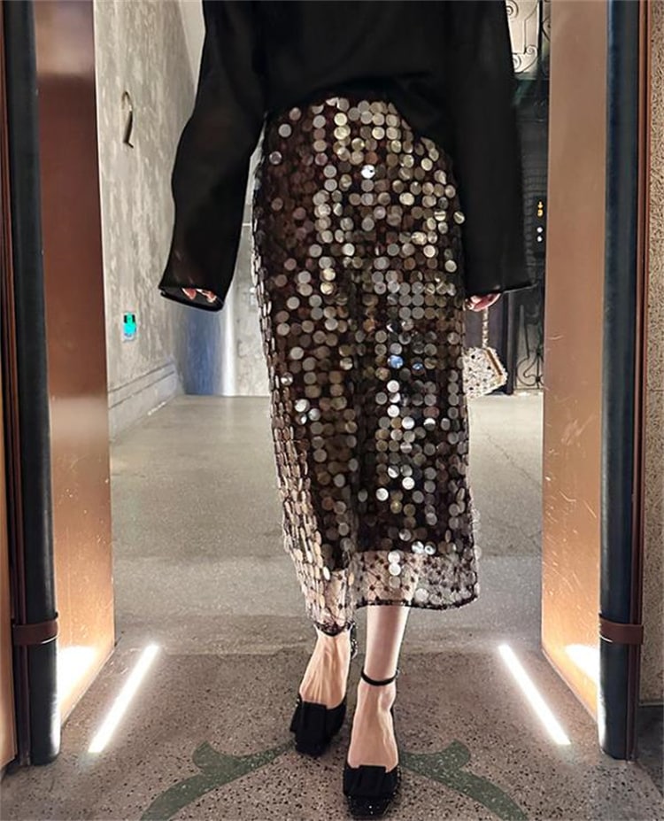 早い者勝ち スパンコール スカート ストレート スリム スプリット ロングスカート 上品映え 気質 ギャザリング 洗練された レディース