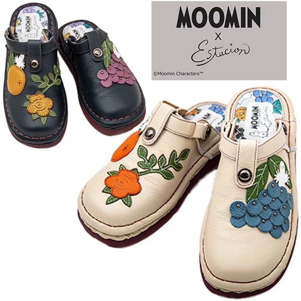 estacion エスタシオン TGE588B レディース サンダル 本革 MOOMIN ニョロニョロ ぶどう 左右柄違い 新作 バックバンド 取り外し 3WAY ゆったり 疲れにくい 厚底