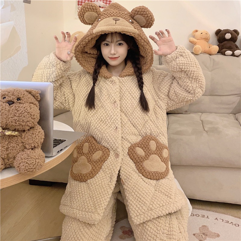 パジャマ女性秋と冬のサンゴのフリースは豪華なベルベットの豪華な三層綿カーディガンフランネルルームウェアスーツを厚くした