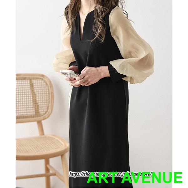 ドッキングワンピース レディース 春コーデ ワンピース 長袖 シフォン袖 切り替え キーネック サイドスリット 上品感 ワンピ 大人 無地 カラー 30代 切替ワンピ