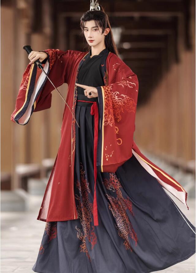 魏晋時代華流コスプレ衣装 メンズ 漢服 チャイナ服 中華服 プリント 華服 チャイナ風ハロウィン 仮装 中国古代 時代劇 コスチューム チャイナドレス ユニセックス羽織 ブラウス スカート3点セット