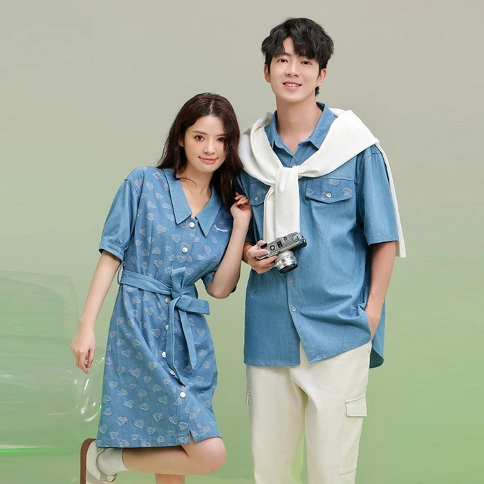 デニム カップル お揃い服 ハート柄 半袖 おしゃれ 春 夏 夏服 ペアルック Tシャツ ワンピース ご夫婦 お誕生日 プレゼント 恋人彼氏 彼女 韓国服 おしゃれTシャツ d7048c0c0ｍ4