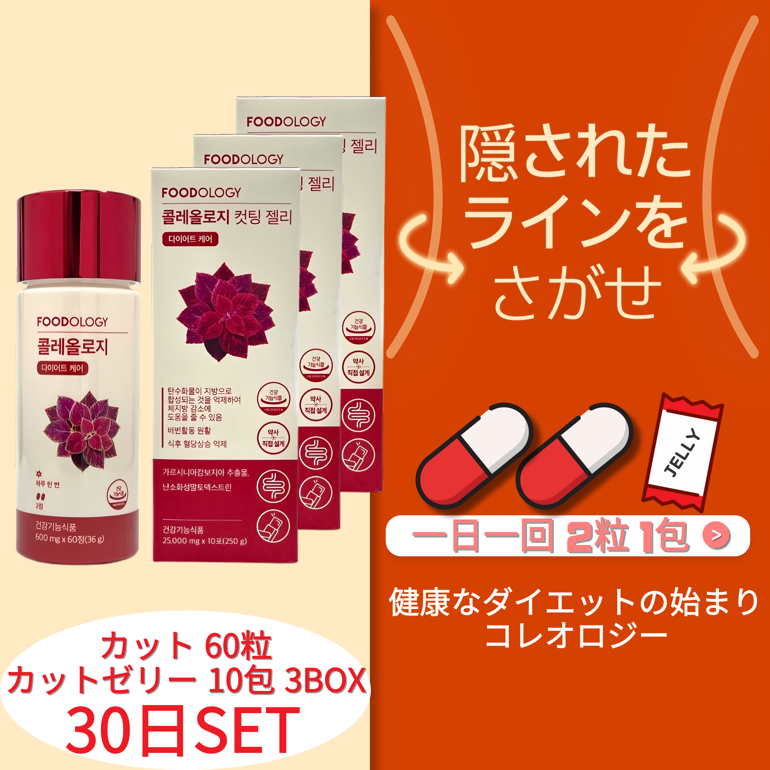 コレオロジー 人気 30日 SET カット 60粒,カットゼリー 10包 3BOX(30包) チアシード入り ザクロ味 短期間 減量 コレオロジー錠剤 サプリ ダイエット