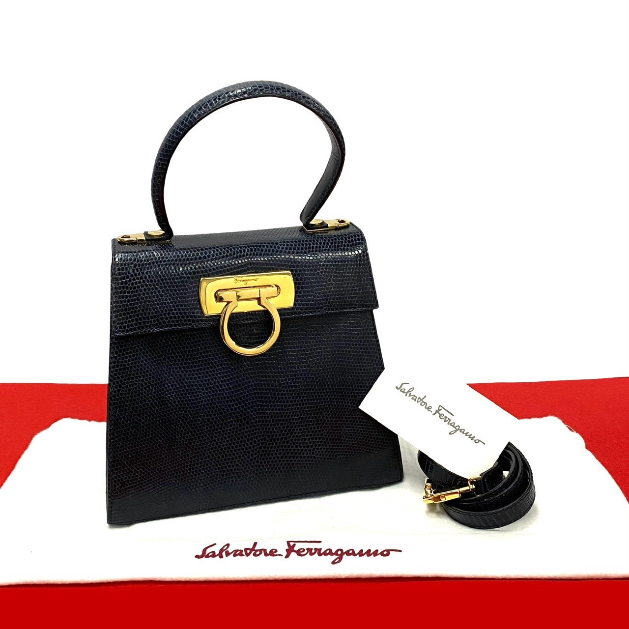 ガンチーニ ロゴ 金具ショルダーバッグ リザード ネイビー 24272 79,035円