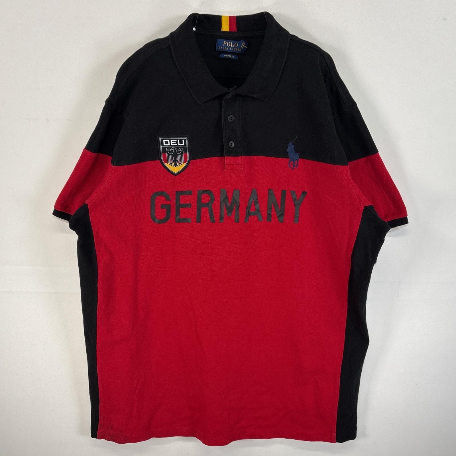 古着 鹿の子 半袖 ラガーシャツ ラバーボタン ドイツ ロゴ 刺繍 XXL レッド系 ツートン メンズ