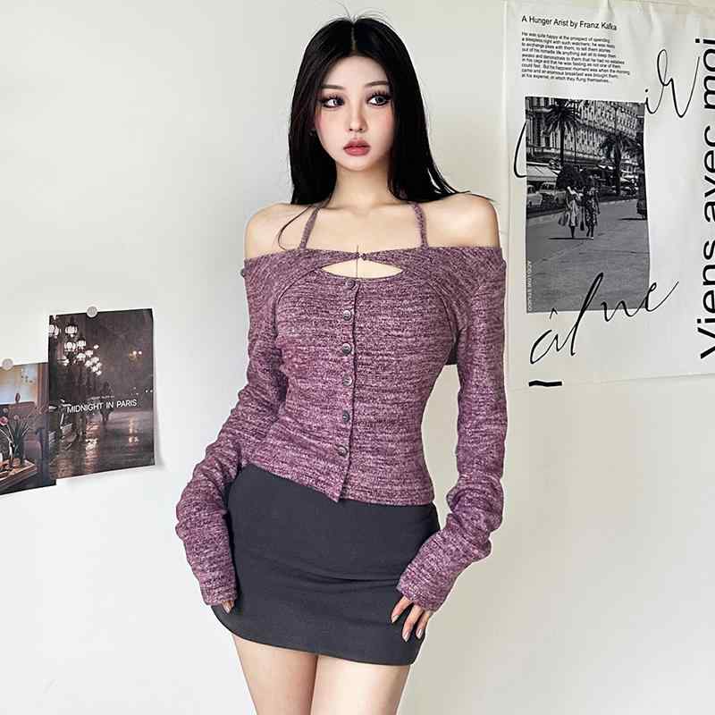 オフショルダー ニット sexy ショート 丈 レディース 長袖 ホルター 2点セット スリムフィット 重ね着 おしゃれ ボタン 紫