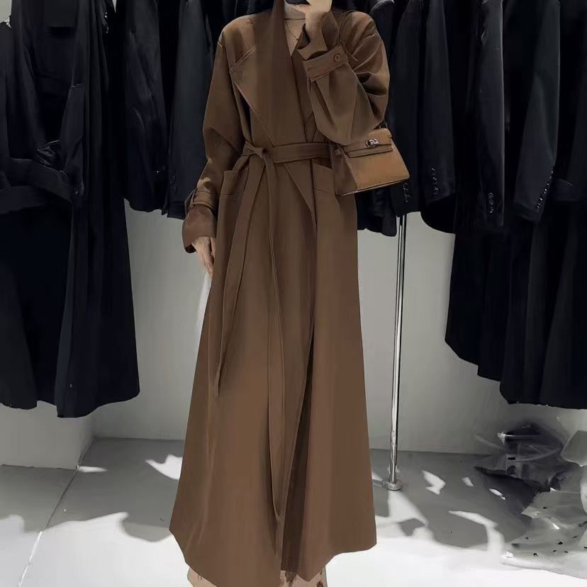 ヨーロッパのレースアップウエスト超ロングウインドブレーカー女性用2025ルーズデザインファッショナブルで多用途なトップス