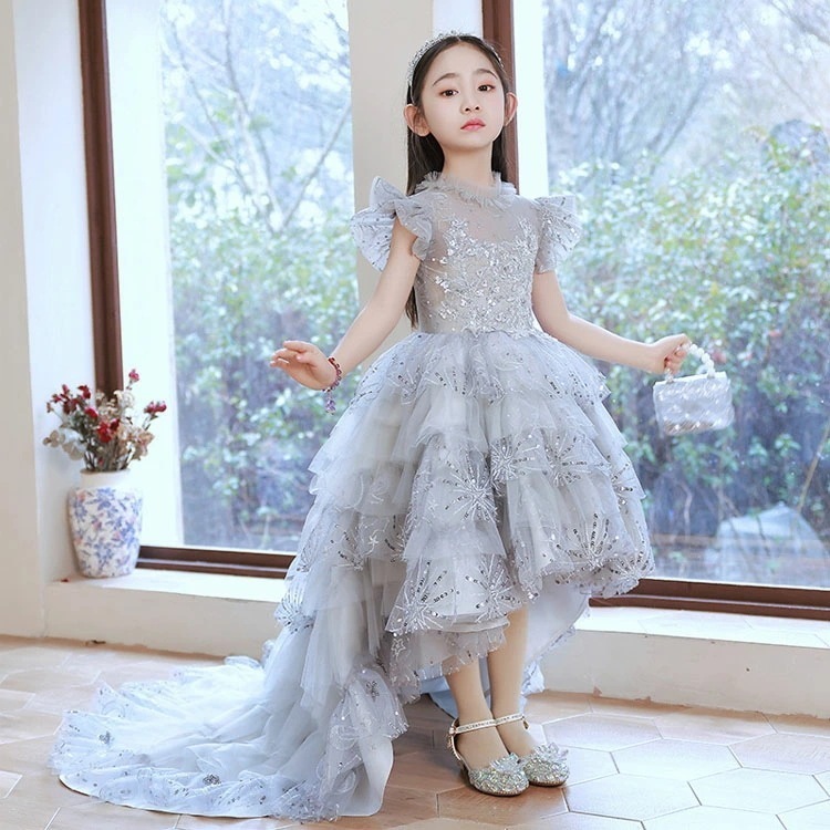 子供ドレス ピアノ発表会ドレス グレー 立ち襟 オシャレ 演奏会ドレス 女児ドレス 前短後長 女の子ドレス スパンコール キレイめ キッズドレス フォーマル 100~160cm