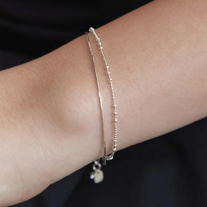 (シルバー925) ボール アンド スネークチェーン レイヤード ブレスレット／Snake Chain Layered