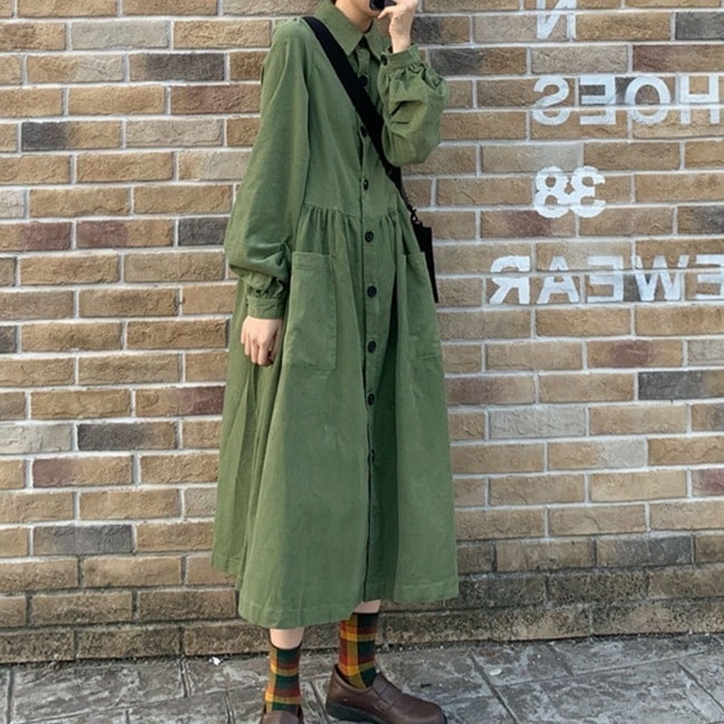 2色 ワンピース 長袖 秋冬 カジュアル ロング シャツワンピース Aライン ミモレ丈 ボリューム袖 襟付き 角襟 セミフレア Aライン ポケット 青 ブルー 緑 グリーン M L XL 2XL 3X