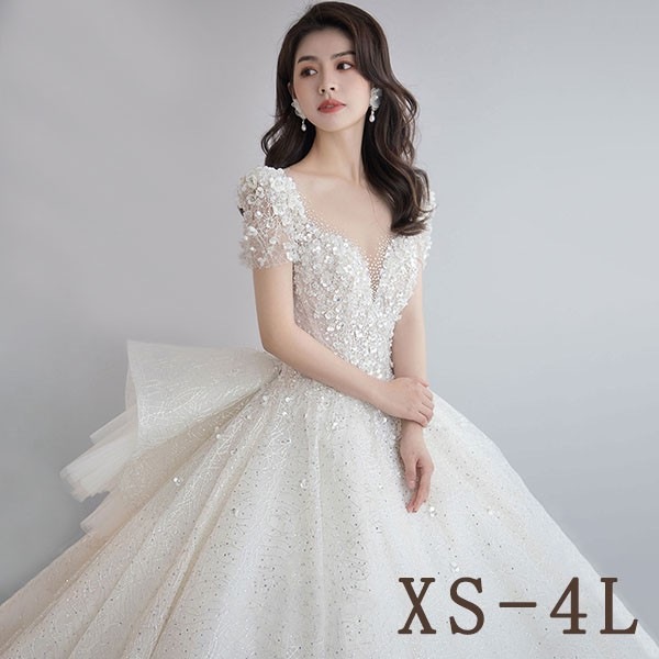 花嫁 ウェディングドレス スイートハートネック プリンセスライン 白ドレス トレーンドレス ワンピース プリンセス かわいい シンプル 結婚式 披露宴 前撮り 後撮り 撮影用 フォトウェディング 小柄