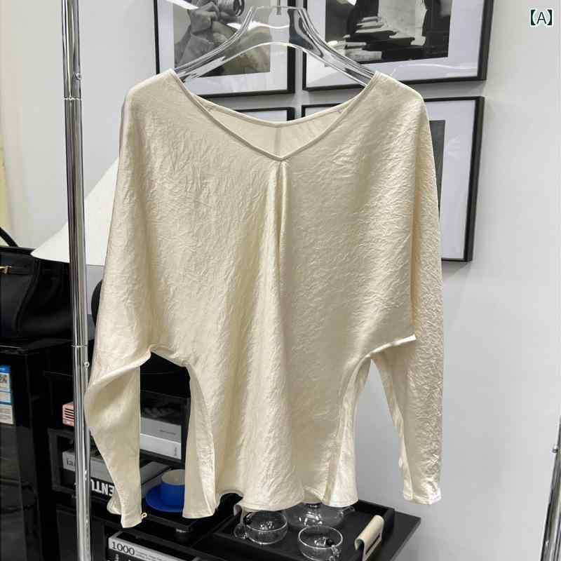 レディース　スカート　カジュアル フランスの シンプル プリーツ アセテート シャツ 女性用 春夏 バット スリーブ Vネック ショート トップス