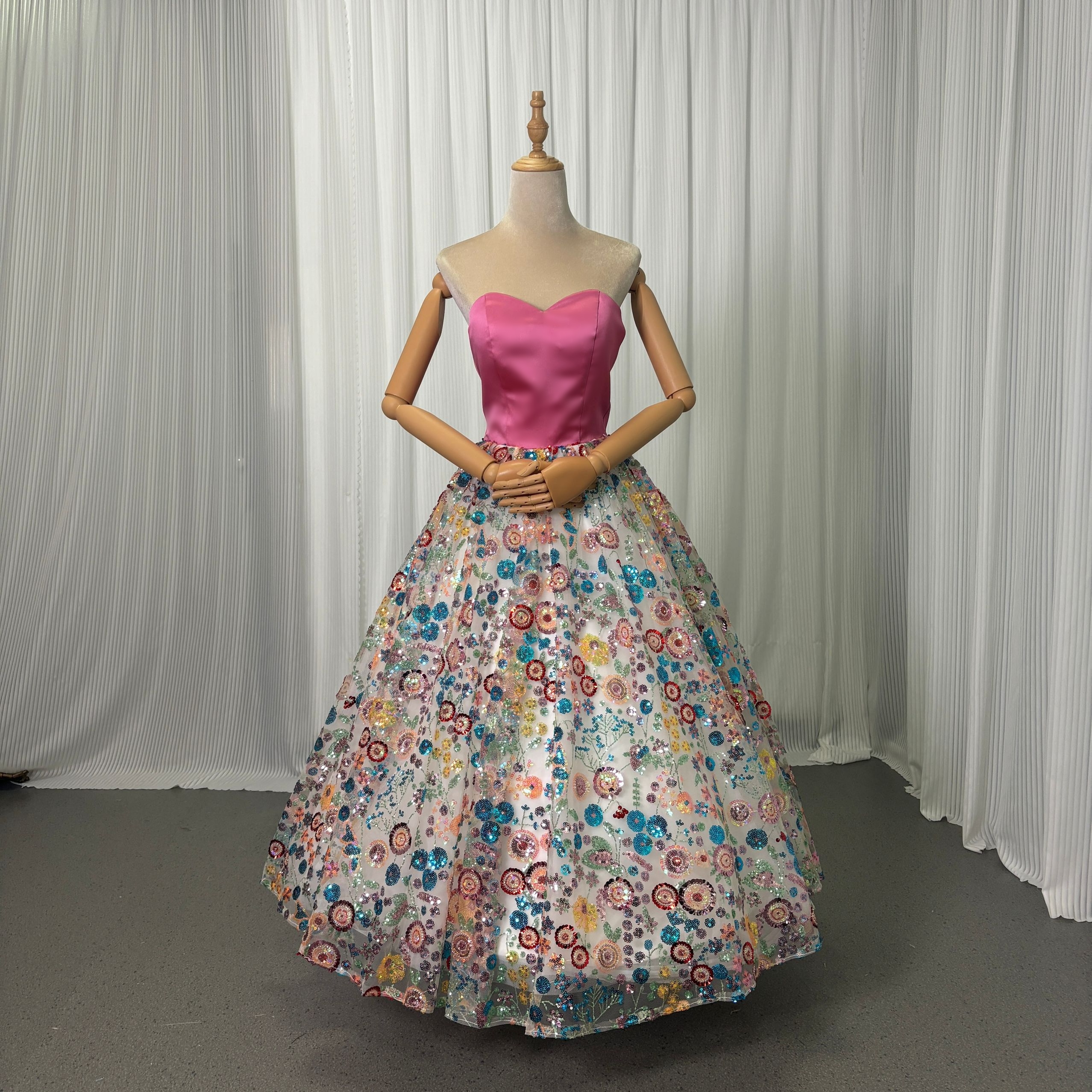 カラードレス ピンク ファスナー+くるみボタン ロング キラキラスパンコール 花嫁 前撮り