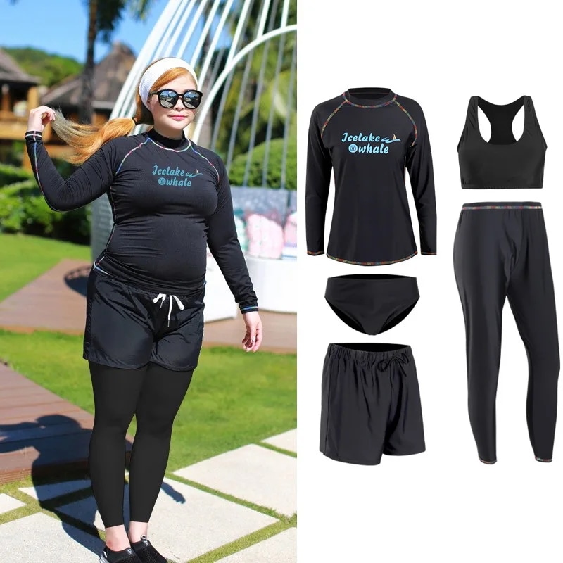納期1~3週間程:女性用プラスサイズサンUVプロテクションジッパーラッシュガードセット5個ウェットスーツサーフィン長袖水着フィットネス