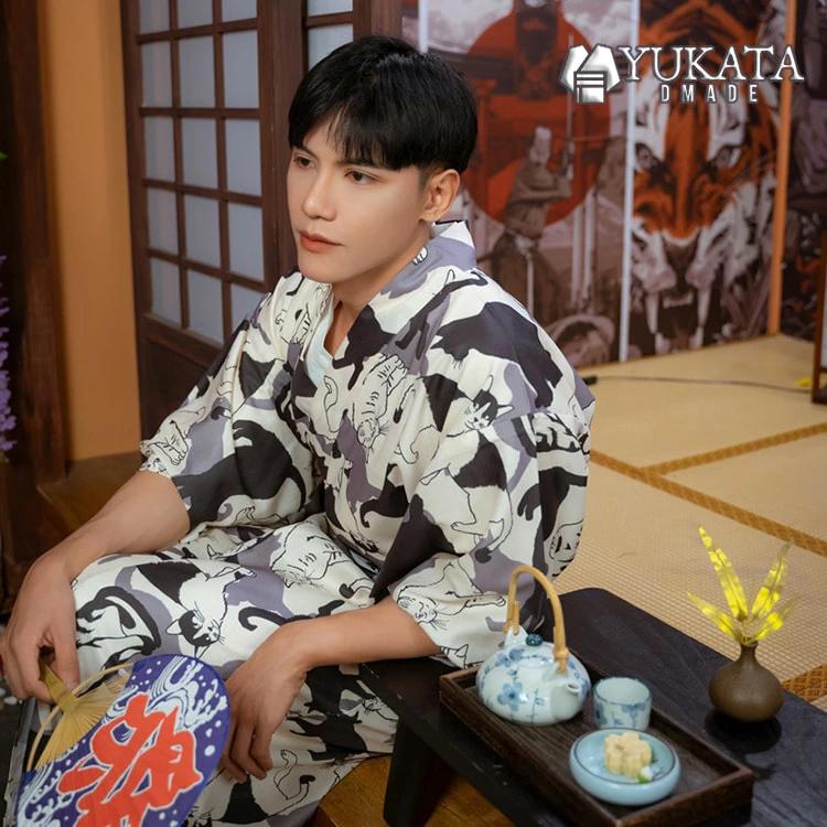 出荷が迅速である 独占販売 浴衣 メンズ 猫柄 6点セット ベージュ 男性 男性用 紳士 和服 作り帯 男 ゆかた 夏服 ポリエステル浴衣 浴衣セット ギフト プレゼント かっこいい おしゃれ 人気