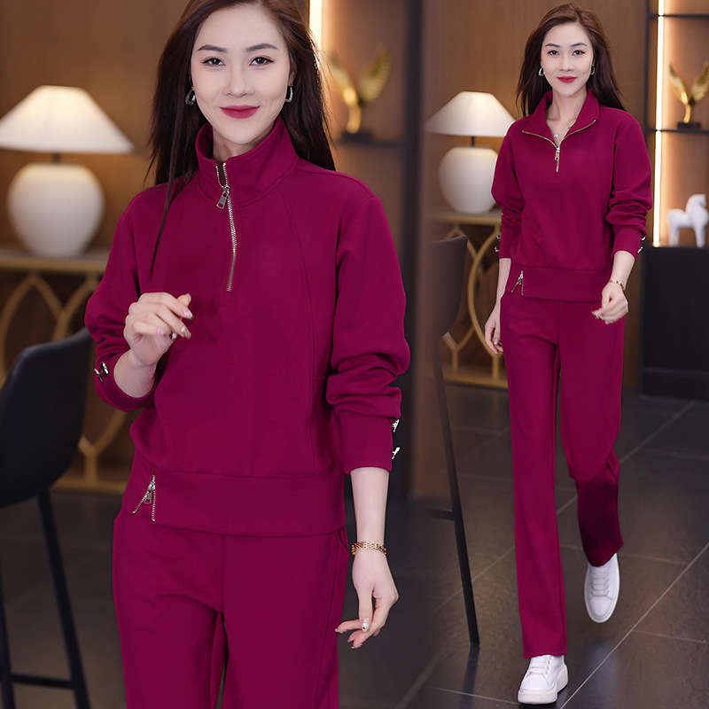 カジュアルスポーツ服セット女性春秋洋気減齢立襟衛衣広脚ズボン2点セット