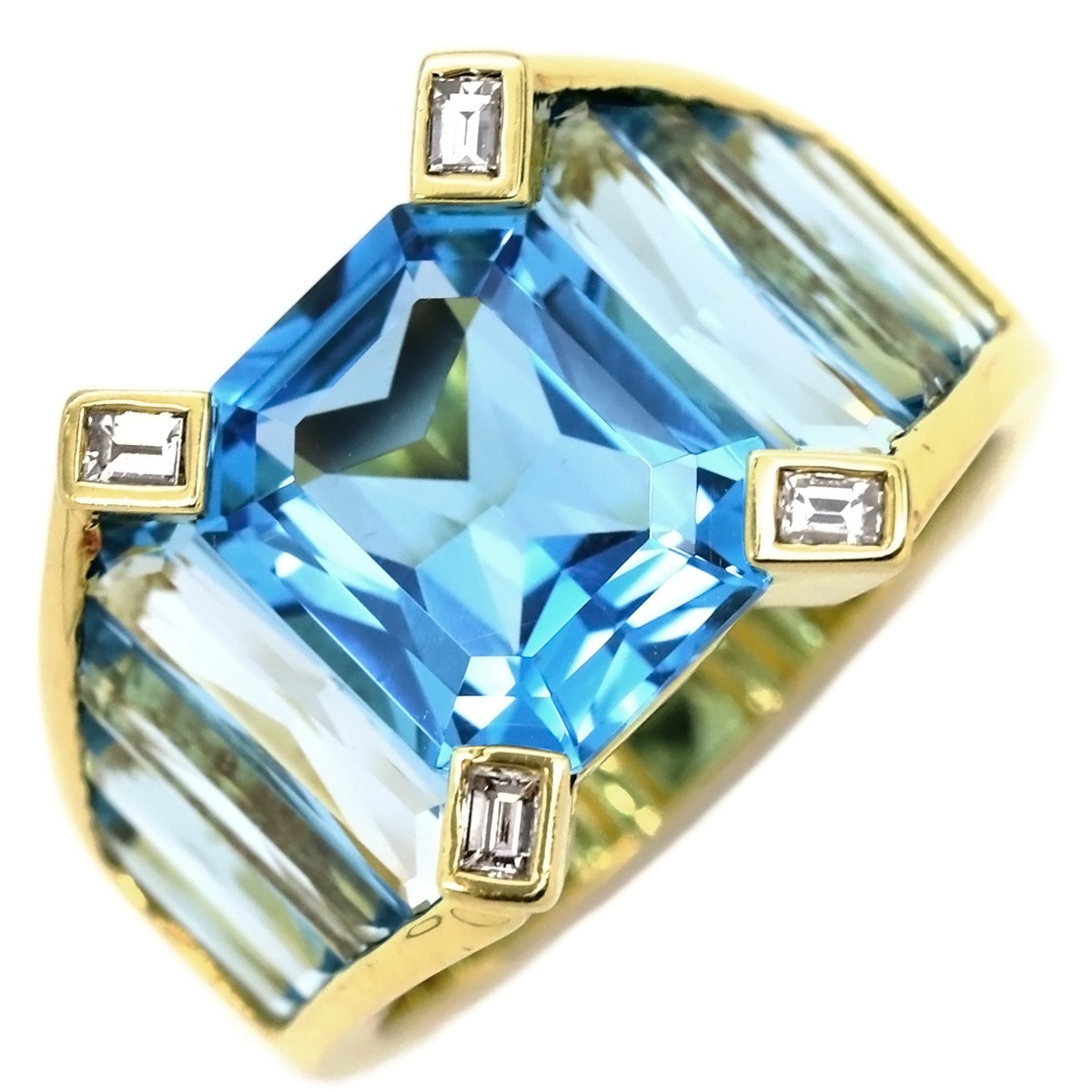 リング 指輪 ブルートパーズ ダイヤモンド リング K18YG ブルートパーズ ダイヤモンド イエローゴールド 青 750 バゲット 16号【中古】