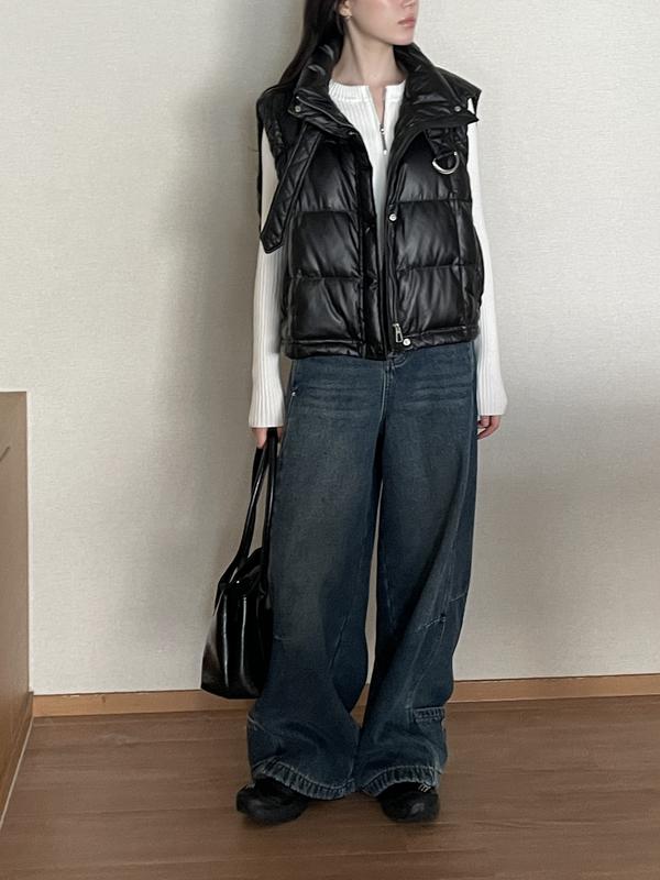 キルティングハイネックパディングベスト（ダックダウン）