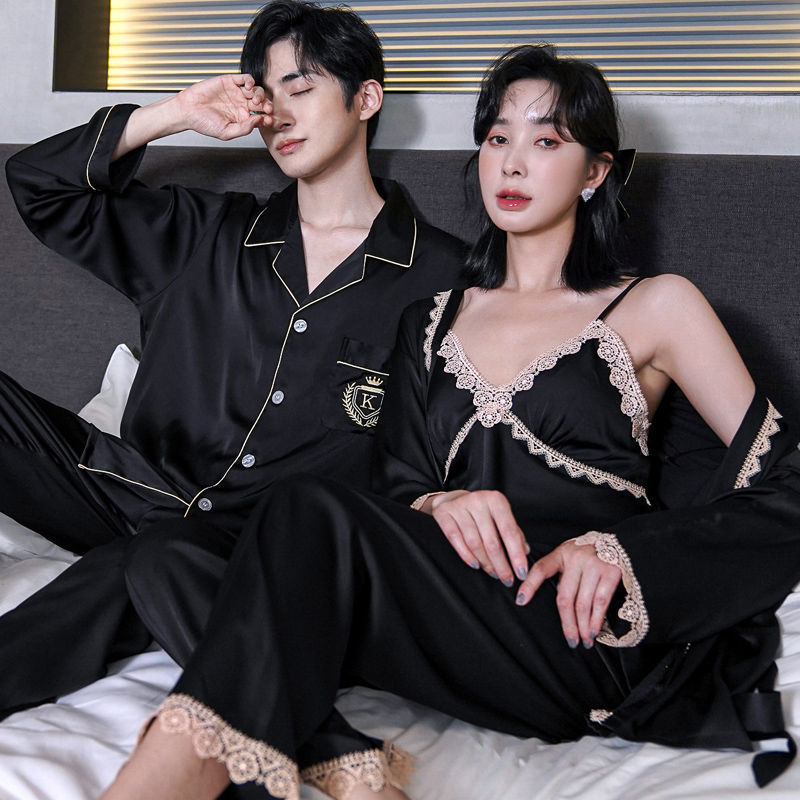 春と秋 アイスシルク カップルパジャマ レディース セクシー スリーピースセット メンズ 長袖 シルク ブラック ホームウェア