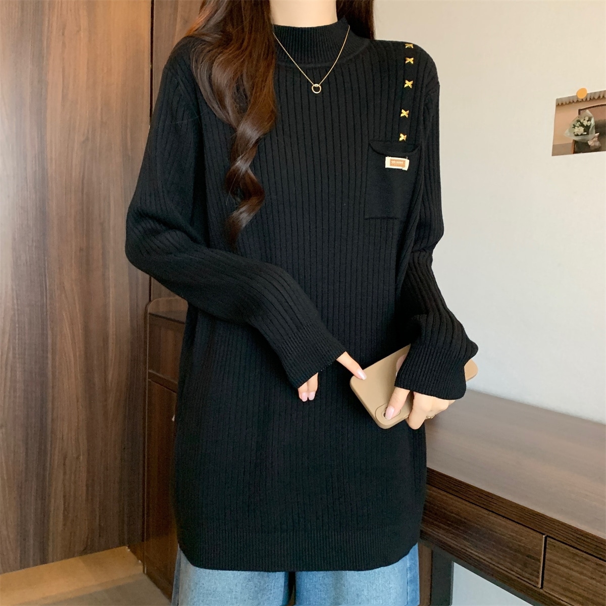 トップス ニット セーター モックネック 襟なし ボタン ニット 大人可愛い きれいめ シンプル カジュアル おしゃれ レトロ ラフ ルーズ クール モダン ベーシック ナチュラル 無地 秋 冬