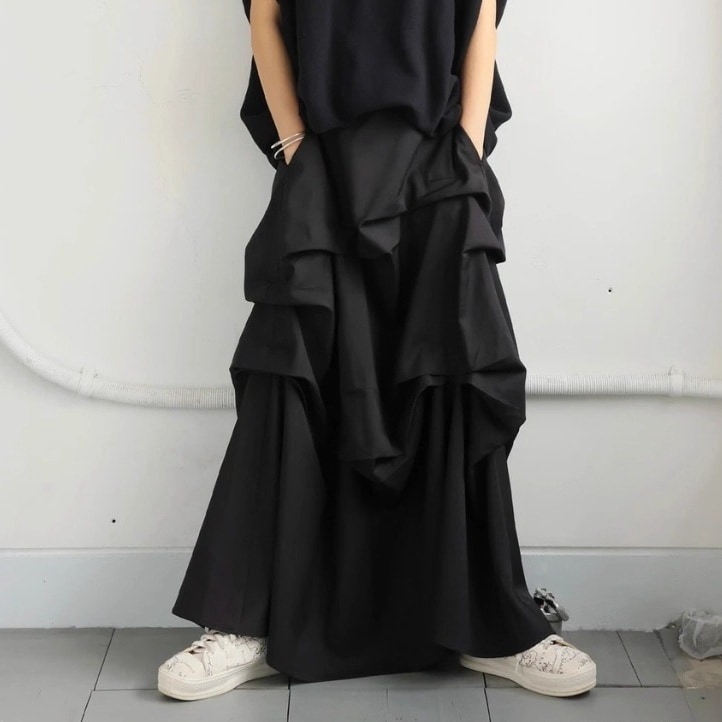 レディース スカート フレアスカート ロング セミフレア Aライン アシンメトリー ドレープ ストリート プリーツ タックプリーツ ポケット シャーリング ドレープ バックウエストゴム カジュアル