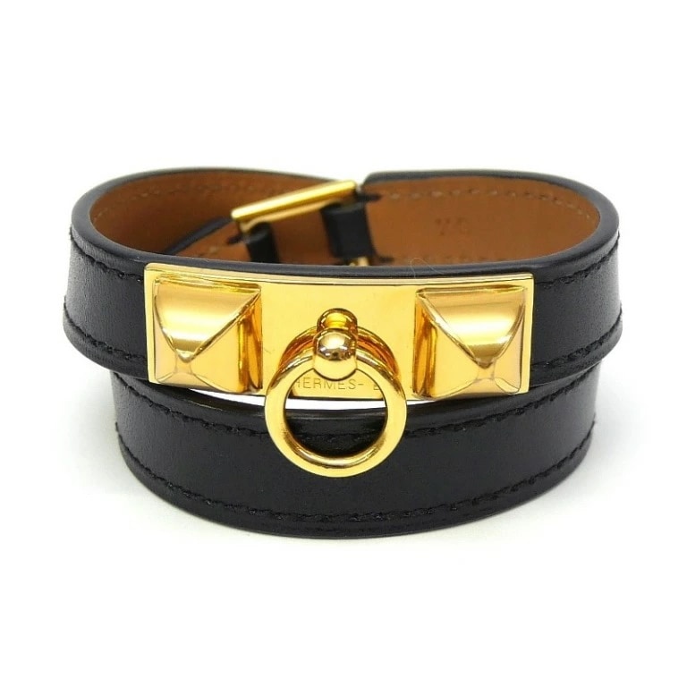 エルメス HERMES リヴァル ドゥブルトゥール レザーブレスレット R刻印 G金具 黒 【中古】(68617)