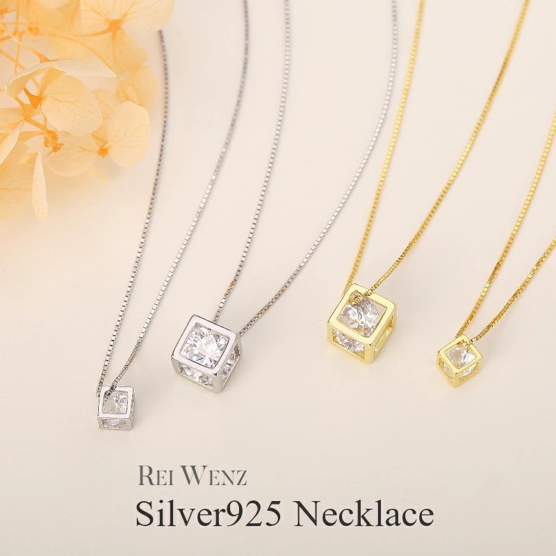【高品質Silver925】ネックレス レディース CZダイヤモンド Silver925 一粒 シルバー キューブ Silver925 ジルコニア プレゼント