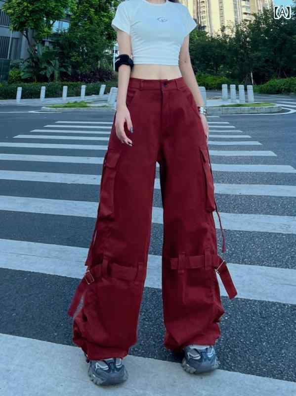 カーゴパンツ　メンズ　レディース アメリカン ヒップ ホップ ストリート レッド ダンス オーバー オール 男女兼用 ジャズ リボン 機能 ワイド レッグ
