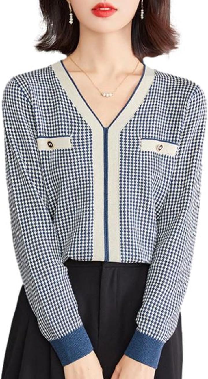 ニットソー Vネック チェック柄 バイカラー 10分袖 飾りボタン トップス オフィス 体形カバー 春ニット オシャレ着 婦人 着映え 袖あり JS113-BL-M(ブルー, M) 5,586円