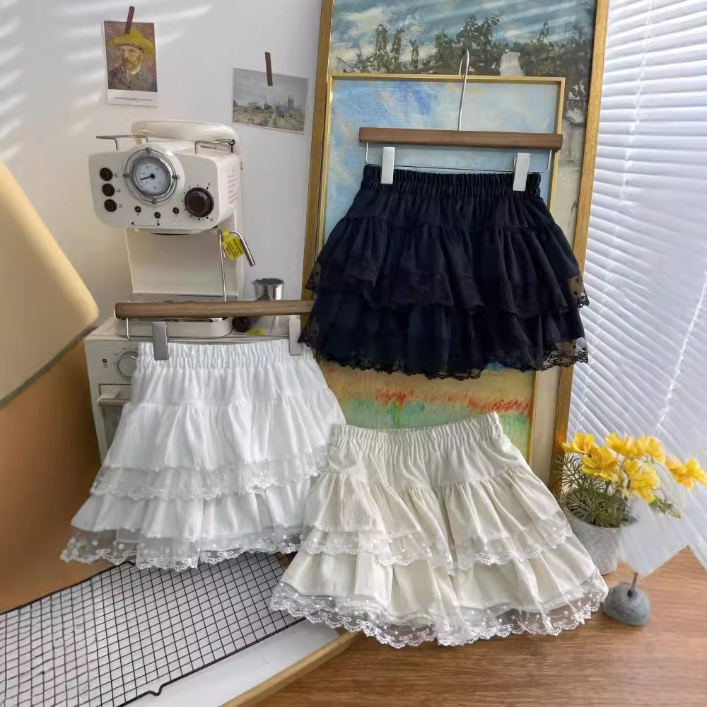 【1つ買うと10つ無料】女性のための甘いレーススカート2025夏のハイウエストスモールアインラインふわふわケーキスカートスカート