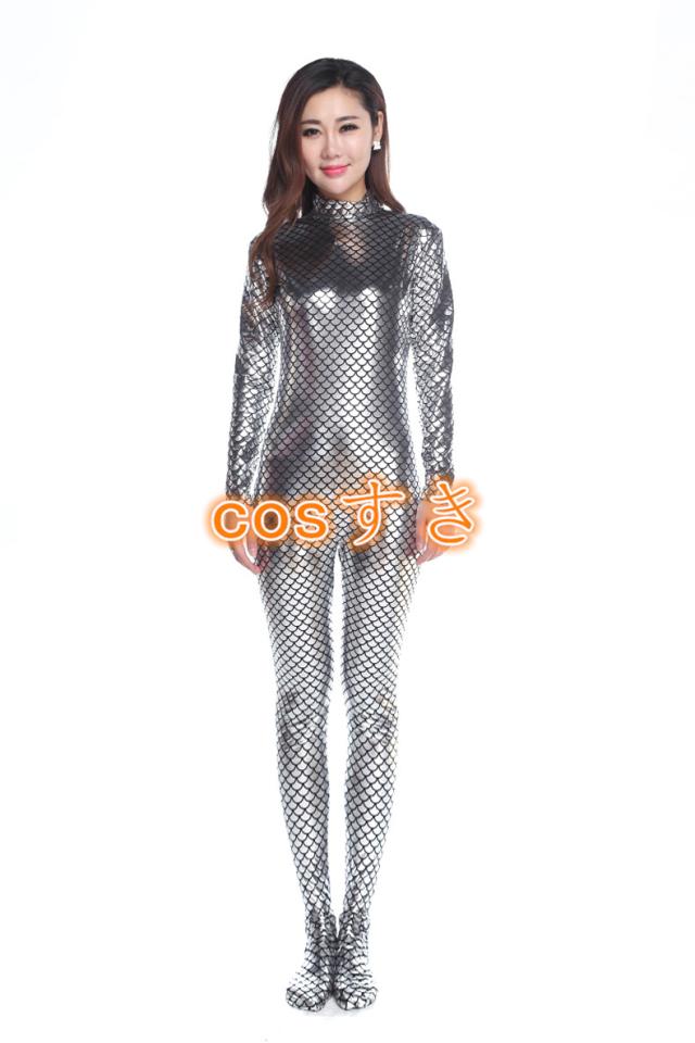 【短納期】全身タイツ レッド シルバー　開口 魚うろこ 塗装 フットローション 弾力と伸縮性あり 高品質 新品 Cosplay