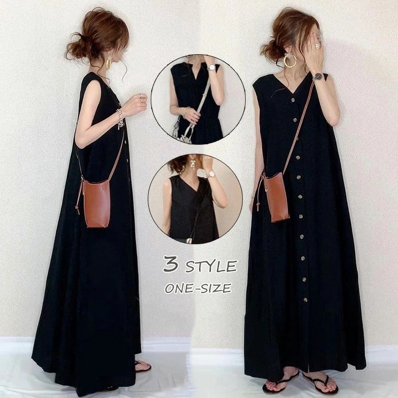 ロングワンピース ノースリーブ 夏 ワンピース レディース きれいめ aライン 黒 半袖 無地 vネック マキシワンピース 韓国 カジュアル ファッション Vネック 結婚式 コーデ フォーマル 黒ワン