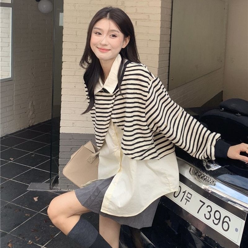 レディース トップス ブラウス カットソー 重ね着風 レイヤード ボーダー モノトーン シンプル カジュアル 大人かわいい ゆったり 体型カバー 長袖 ベージュ ブラック 20代 30代