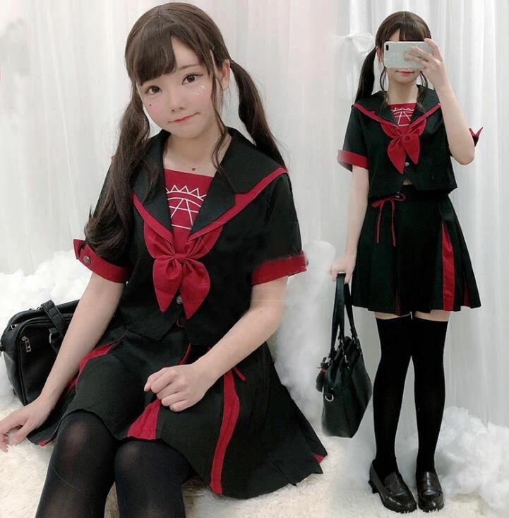 迅速な出荷 服 JK制服 学生服 上下セット 女子 女性 大人 可愛い ゴシックロリータ風服 黒赤 半袖トップス＋ミニスカート 蝶リボン 中学生 高校生 スクール 女子制服 クリスマス ハロウィン