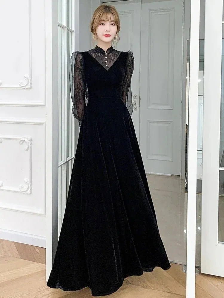 【急速出荷!】パーティードレス 袖あり ロング丈 韓国風 結婚式 上品 お洒落 大きいサイズ お呼ばれ 二次会 ピアノ 服 30代 40代1275