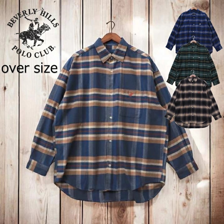 【BEVERLY HILLS POLO CLUB】 ビバリーヒルズポロクラブ ネルシャツ ワンポイント刺繍 オーバーサイズ メンズ・レディースユニセックス サイズ M～LL 綿100％ BEVERLY