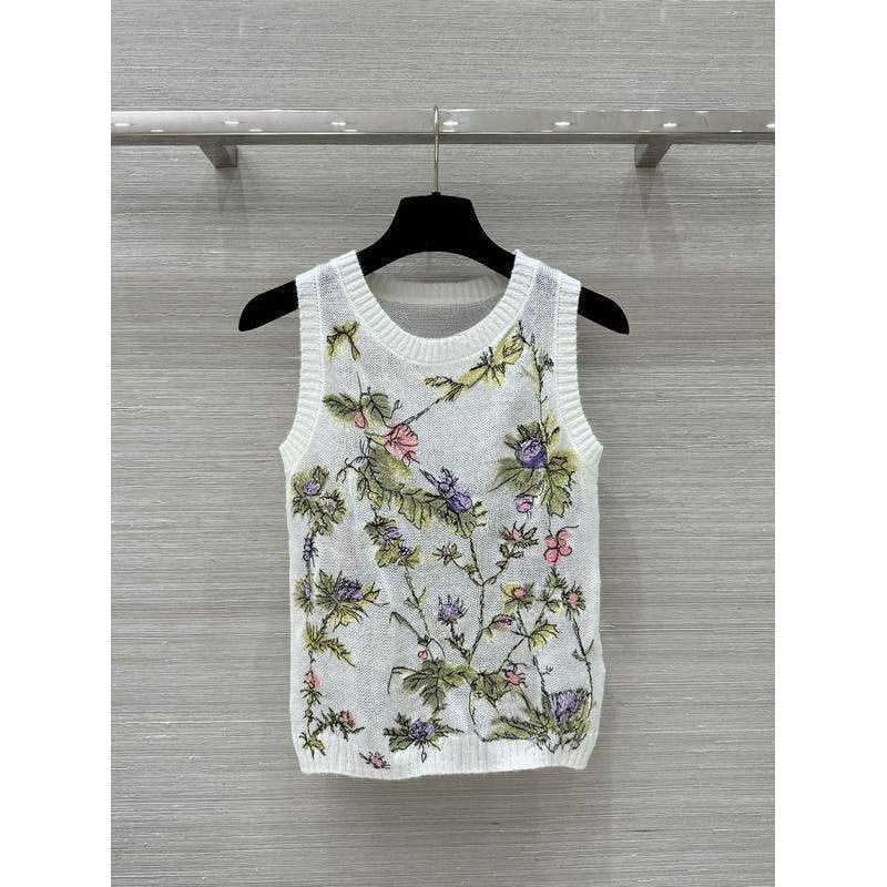 高定南油针织轻薄款重工艺嵌花刺绣浪漫花卉马海毛小背心上衣