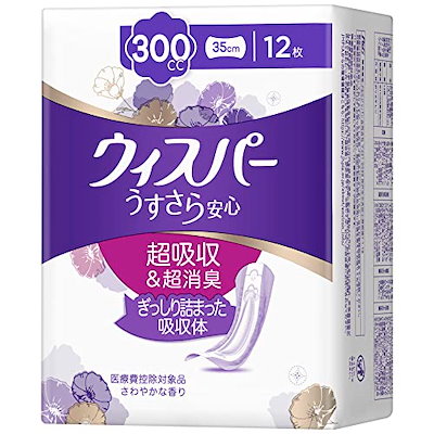他サイト： ウィスパー うすさら安心 300cc 12枚 (女性用 吸水ケア 尿もれパッド)【一気にくるモレが心配な方用】の商品画像