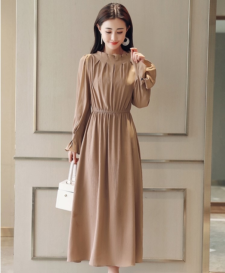 A1024.Uネックフリルフレアドレス（ブラウン）2019 春夏 sale 春夏 sale ワンピース 長袖 エレガント お呼ばれ パーティー 結婚式 披露宴 女子会 レストラン デート