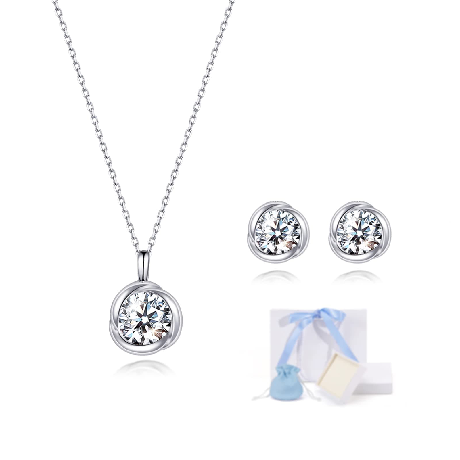 [Free bird] ネックレス レディース ピアス セット 「バラのキッス」 最高級 ジルコニア ペンダント シルバー 誕生日 記念日 母の日のプレゼント人気 女性 ジュエリー (プラチナ 1.0