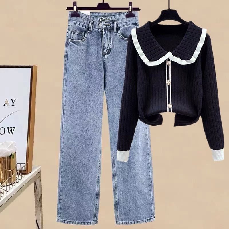 ハイエンドのカスタマイズ-春と秋の新スーツの女性の 2025 韓国ニットセーター痩身気質多用途ジーンズストリートツーピーストレンディセット