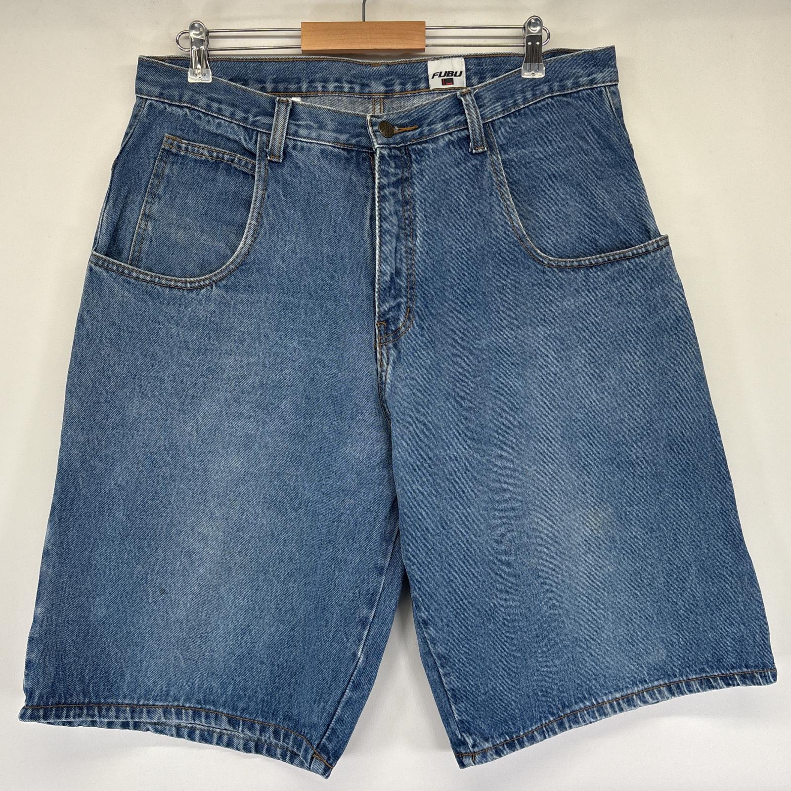 古着 フブ FUBU ショートパンツ デニム ペインターパンツ 大きいサイズ ロゴ刺繍 半ズボン ハーフパンツ 短パン w38 ブルー メンズ