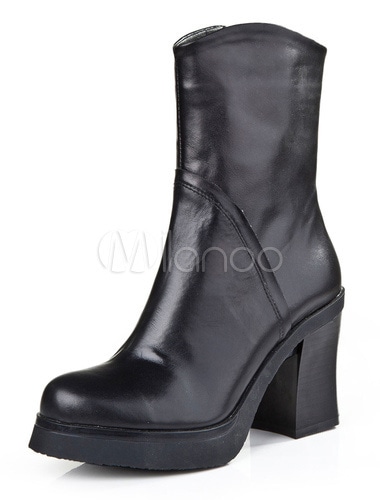 ラウンドトウチャンキーヒール牛革ミッドカーフブーツ