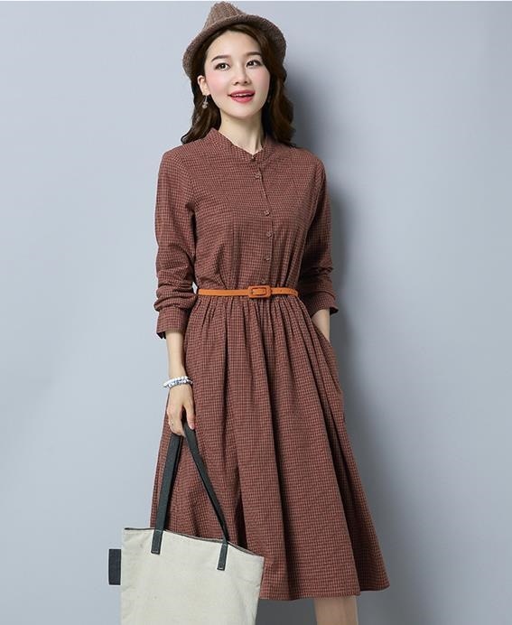 1002.カジュアルチェック柄ワンピース（ブラウン）