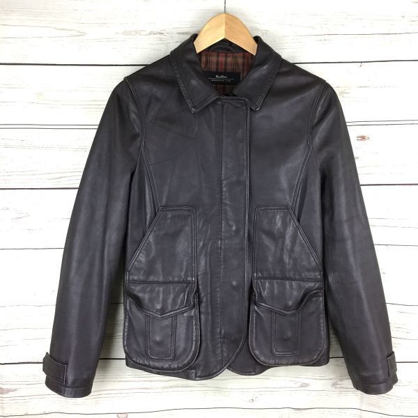 max mara/マックスマーラ本革ライダースレザージャケット【M/暗茶】革ジャン/ブルゾン/アウター/裏地チェック柄2Y01