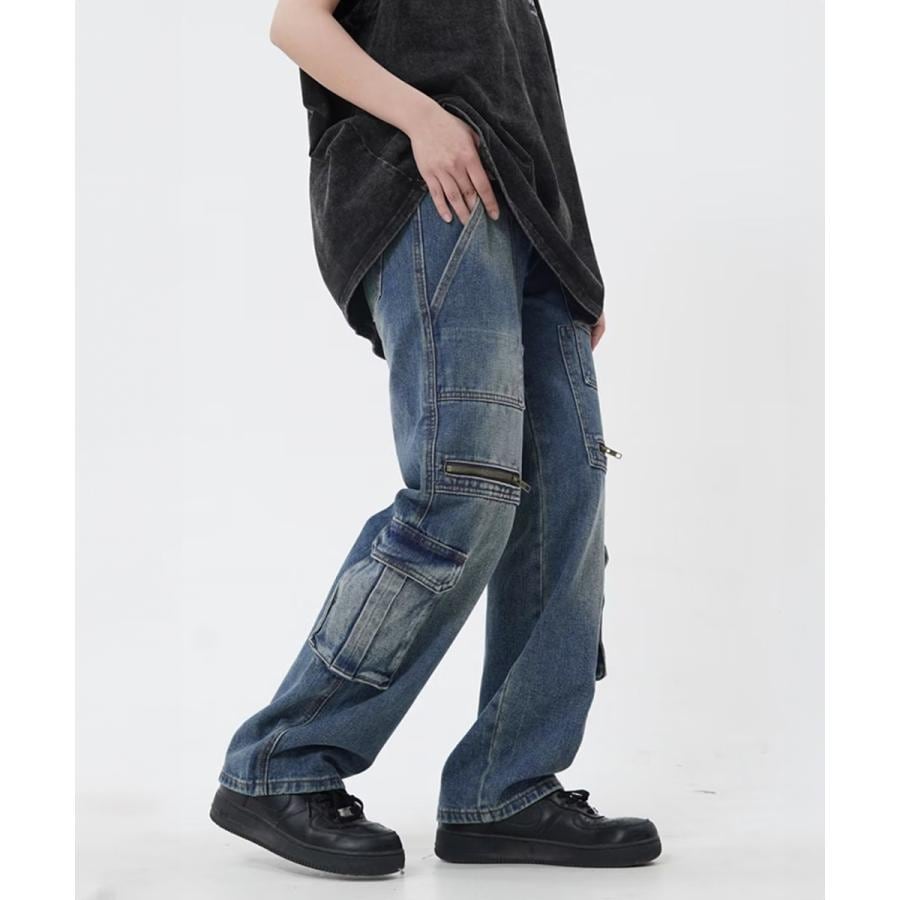 デニムカーゴパンツ 韓国風ワイドジーンズ