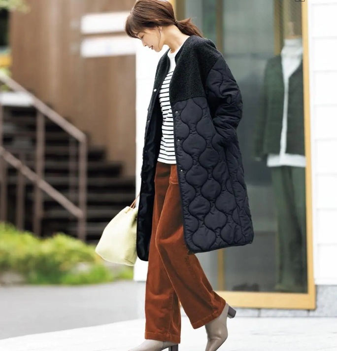 モテコーデ アウター コート ダウンコート 袖あり 長袖 襟なし Iライン 切り替えデザイン ファスナー ポケット 前開き キルティング かわいい 可愛い きれいめ シンプル カジュアル