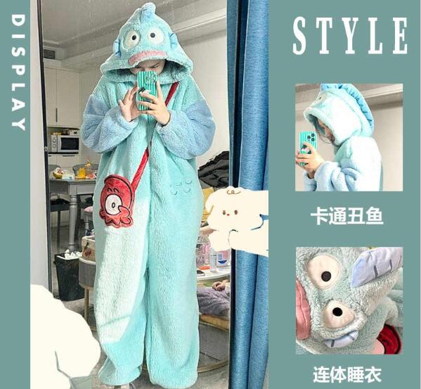 ２点で13o円OFF！【最安値挑戦】 ハンギョドン漫画かわいい珊瑚ビロードパジャマ女性長フード付き家摩耗ローブワンピーススーツ